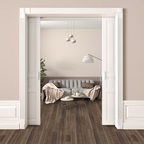 Living room, lamp, hanging lights, plant, wood floor, LVT 