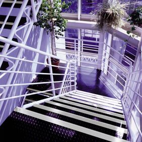 Commercial stairway with black flooring