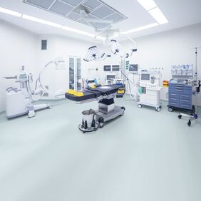Hospital theatre with light blue coloured static dissipative flooring