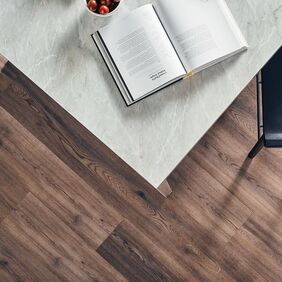 Table, chairs, book. fruit ball, LVT, Dark wood 