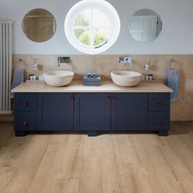 Bathroom, twin sinks, hand towel rail, mirrors, wood floor