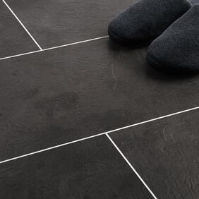 Close up of srone effect flooring in Atlantic Slate using Large square tile effect, laid brickwork with Pearl Grouting Strip.