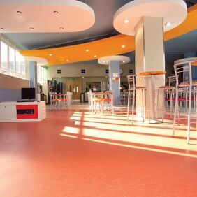 Red homogeneous flooring in a school canteen with table and chairs 