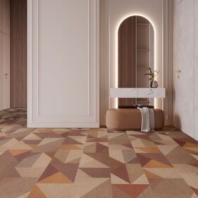 Expona Superplank in Cinnabar laid in a room with a mirror and seating. 