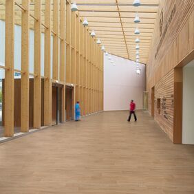 Hospital entrance with wooden walls and frame with oak effect flooring