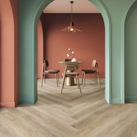 Genero Alcove in Riverbay Oak laid in a dining room 