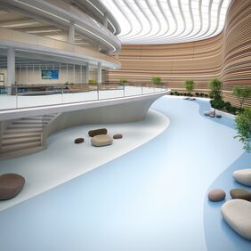 Healthcare entrance hall with three different shades of blue flooring