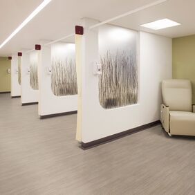 Large modern waiting cubicles with wood effect flooring