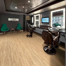 Light oak wood effect flooring in a Barbers shop