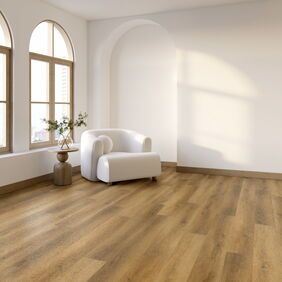 Genero Alcove in Golden Birch laid in a room in an apartment with a white chair