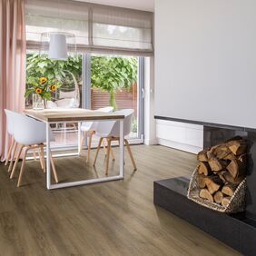 Wood effect flooring straight laid in a residential dining space