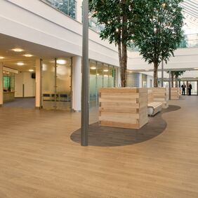Light coloured oak effect flooring in a commercial building corridor