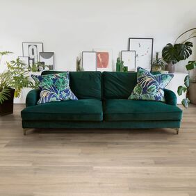Velvet green sofa, leaf cushions, plants, picture frames 