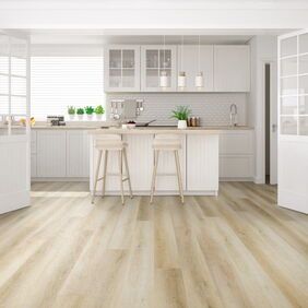 Genero Alcove in Blonde Elm laid in a kitchen with a breakfast bar/island