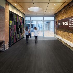 Dark oak wood effect flooring in a education entrance way 