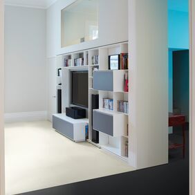 Media room with white flooring