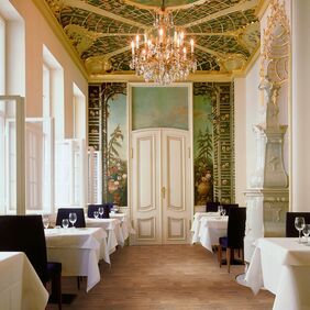 Walnut effect flooring in a restaurant dining area