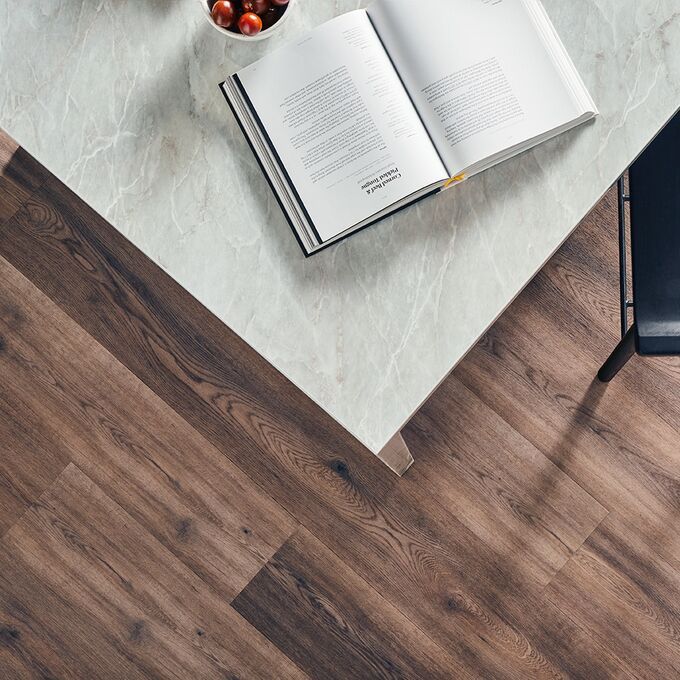 Table, chairs, book. fruit ball, LVT, Dark wood 