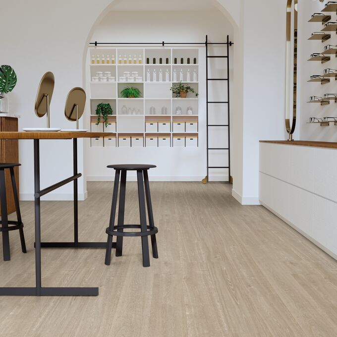 Oak effect flooring laid in a opticians store