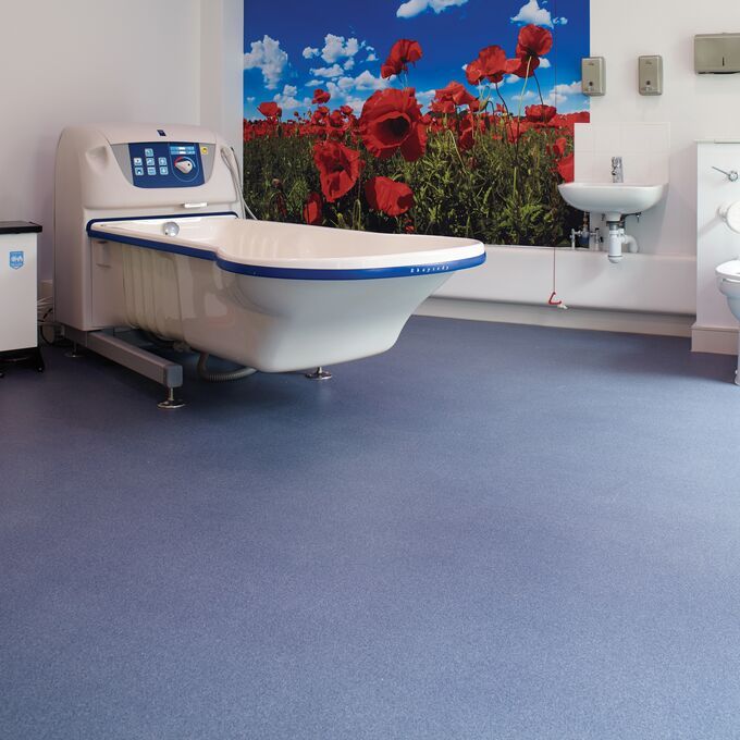 Blue quartz safety flooring in a Aged/Residential Care setting bathroom