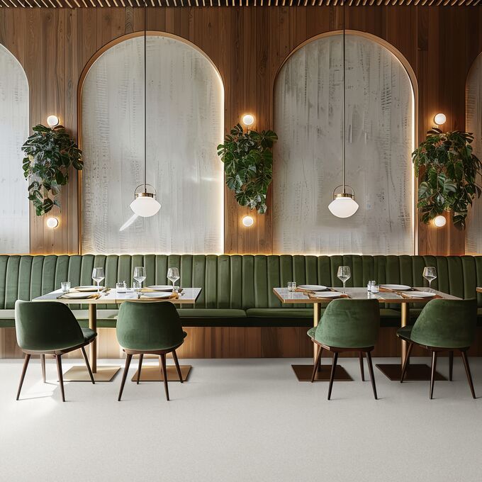 Light coloured terrazzo patterned flooring in a restaurant 