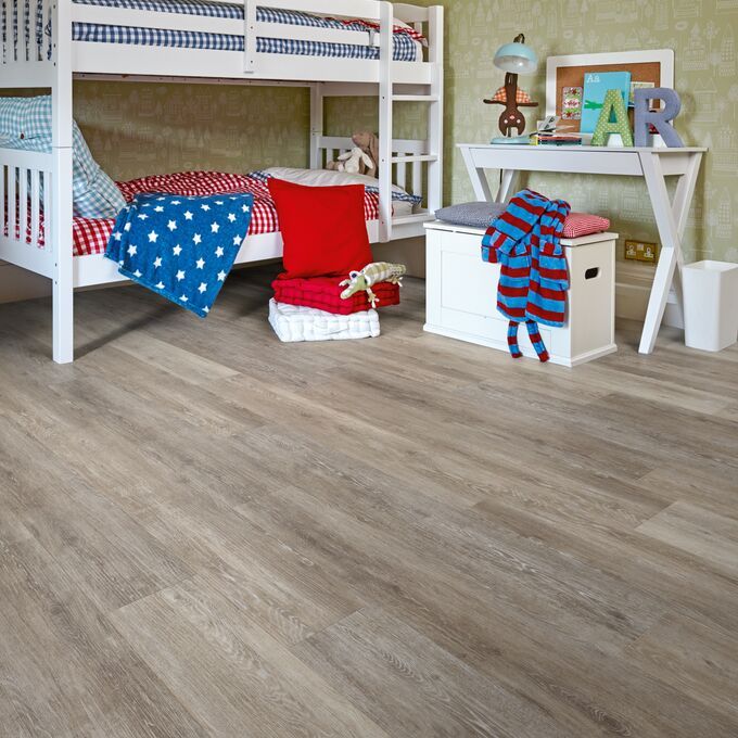 Childrens bedroom with white wood bunk beds featuring the Boathouse Oak flooring which offers a natural timber wood effect