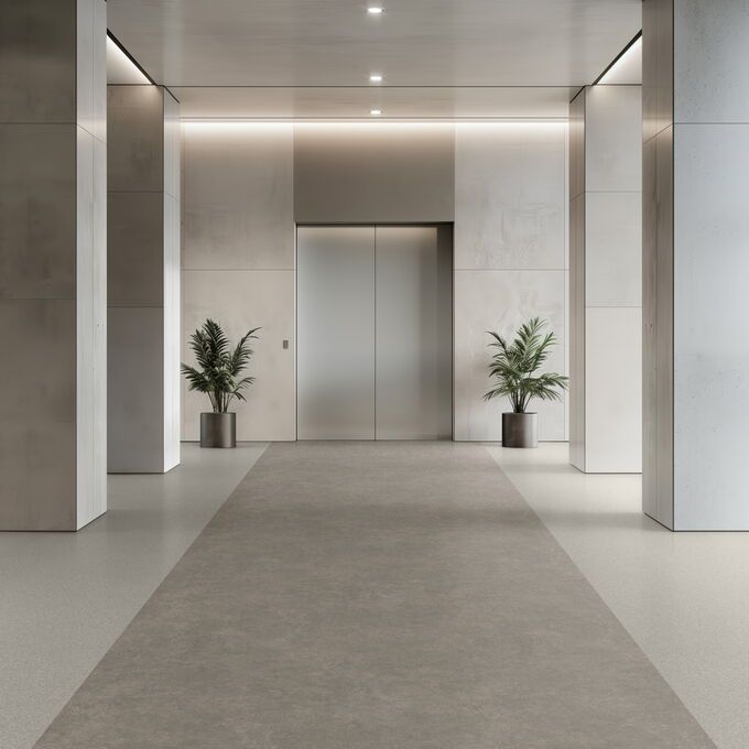 Light cement effect flooring laid in a lift vestibule