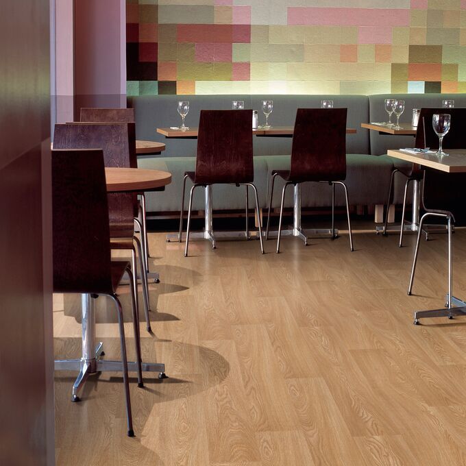Oak effect flooring laid in a restaurant dining area