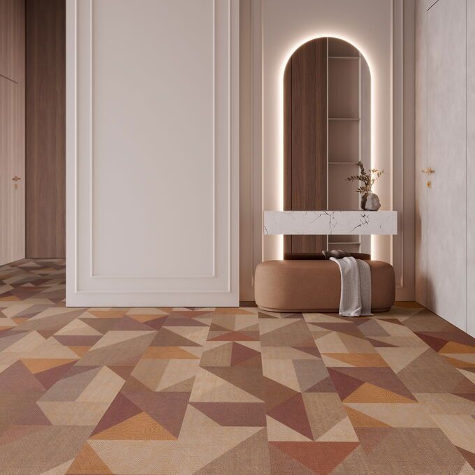 Expona Superplank in Cinnabar laid in a room with a mirror and seating.
