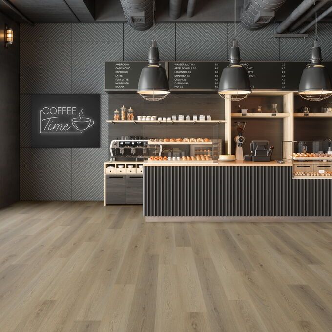 Expona Superplank in Bondi Oak laid in a coffee shop.