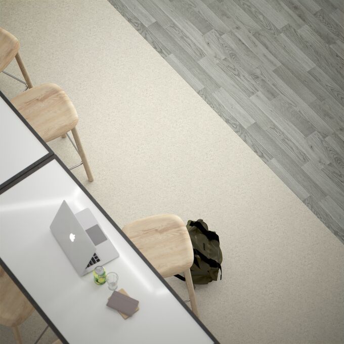 Overhead image of desk and stools