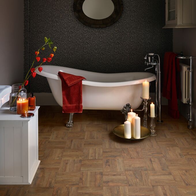 Modern bathroom featuring dark wood effect flooring Georgian Parquet