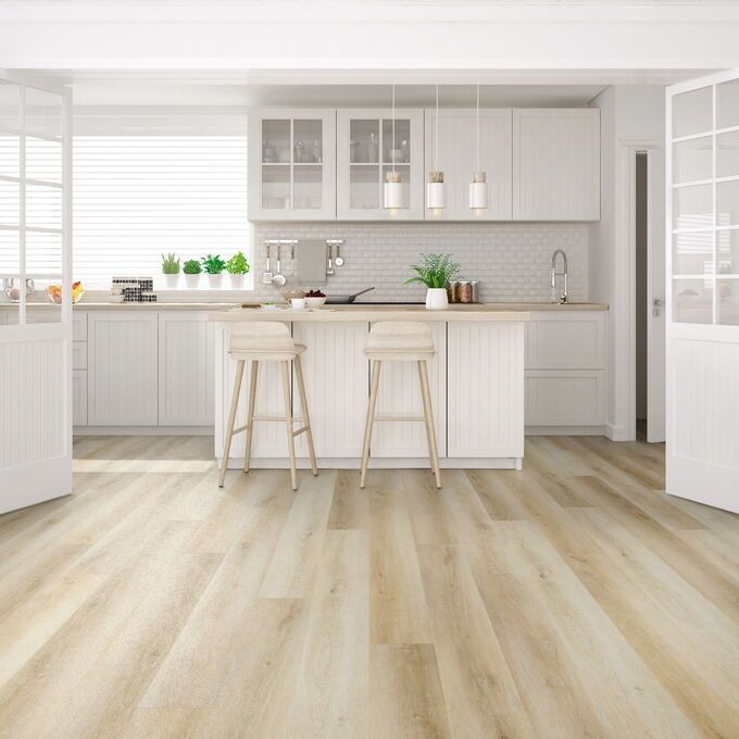 Genero Alcove in Blonde Elm laid in a kitchen with a breakfast bar/island