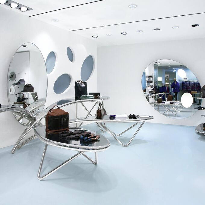Modern style accessories shop with light blue flooring